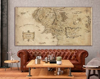 Map canvas World map wall art Antique map print Middle Earth antique map wall decor Extra large wall art Ready to hang