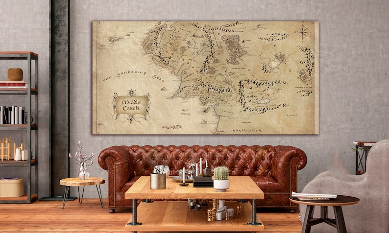 Map canvas World map wall art Antique map print Middle Earth antique map wall decor Extra large wall art Ready to hang Single panel