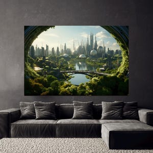 May include: A rectangular wall art print featuring a futuristic city with tall spires and spherical structures, viewed through a circular, moss-covered portal. A bridge spans a calm river surrounded by dense green trees under a bright sky.