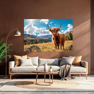 Highland Cow Canvas Print Large Farmhouse Wall Art Rustic Scottish Cow Painting Cute Animal Decor Living Room Housewarming Gift