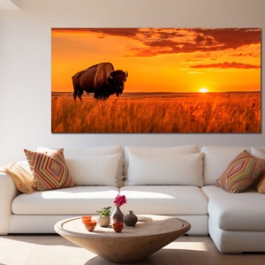 Wild Buffalo Sunset canvas wall art Bison print Farmhouse wall decor Rustic art Extra large wall art Ready to hang