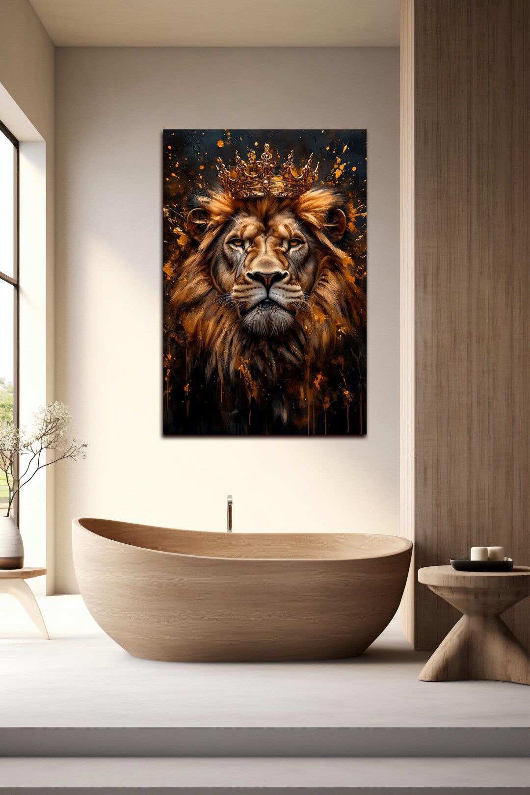 Abstract Gold Lion King in Crown Canvas Wall Art Modern African Animal ...