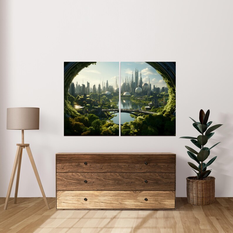 May include: A two-panel wall art set depicting a futuristic city with tall spires and spherical structures nestled within a lush green forest, featuring a river and a bridge, viewed through a circular frame against a bright sky.