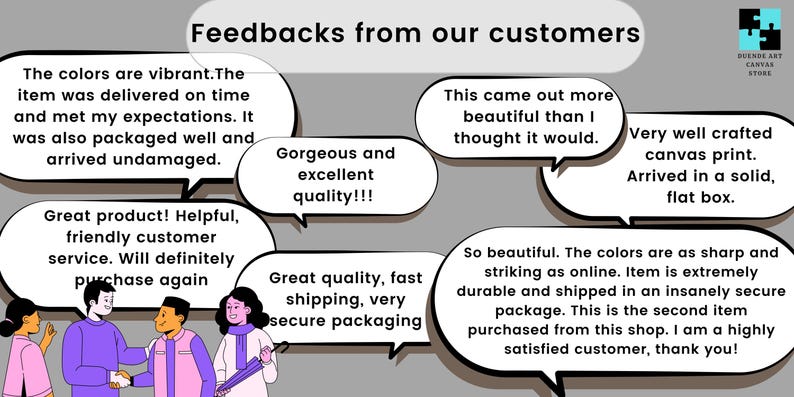 May include: Image of customer feedback with text bubbles. The text includes phrases like "vibrant colors," "great product," and "excellent quality." The image also shows a group of people.