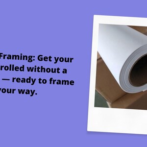 May include: A white canvas roll on a brown cardboard base, presented in a white frame border on a purple background. Text reads: Flexible Framing: Get your canvas rolled without a stretcher &mdash; ready to frame your way. Logo: DUENDE ART CANVAS STORE.