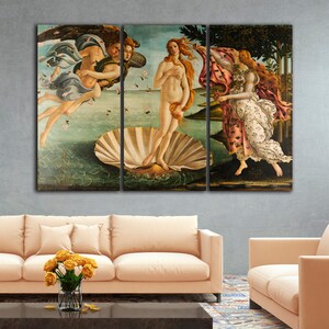 The Birth of Venus Reproduction Canvas Print Sandro Botticelli Classic Painting Fine art Multi panel canvas wall art Livingroom home decor Set of 3 Panels