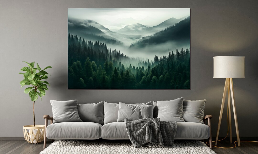 Misty Mountain Forest Landscape Canvas Wall Art Foggy Nature Print ...