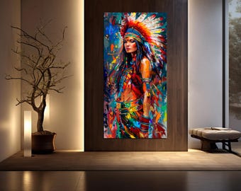 Abstract Indian Woman Canvas Art: Colorful Ethnic Portrait Print