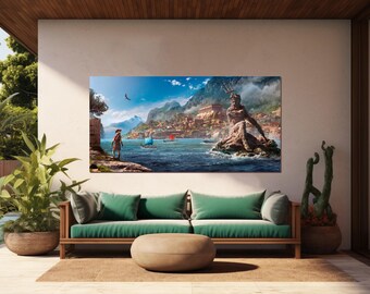 Fantasy Poseidon Canvas Wall Art Ancient Greek Mythology Landscape Print Large Seascape Warrior Painting Epic Ocean Home Decor