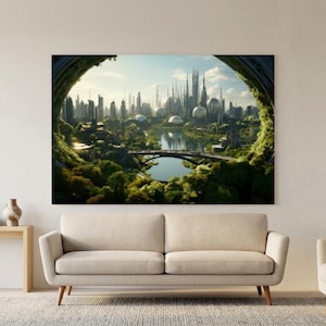 May include: A large rectangular wall art print depicting a futuristic city with tall spires and spherical structures, viewed through a circular portal framed by lush green foliage, with a river and bridge in the foreground, mounted above a beige sofa.