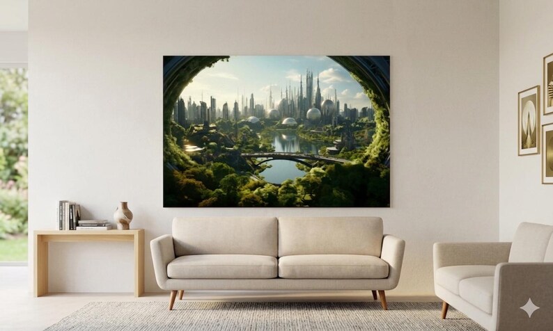 May include: A large rectangular wall art print depicting a futuristic city with tall spires and spherical structures, viewed through a circular portal framed by lush green foliage, with a river and bridge in the foreground, mounted above a beige sofa.