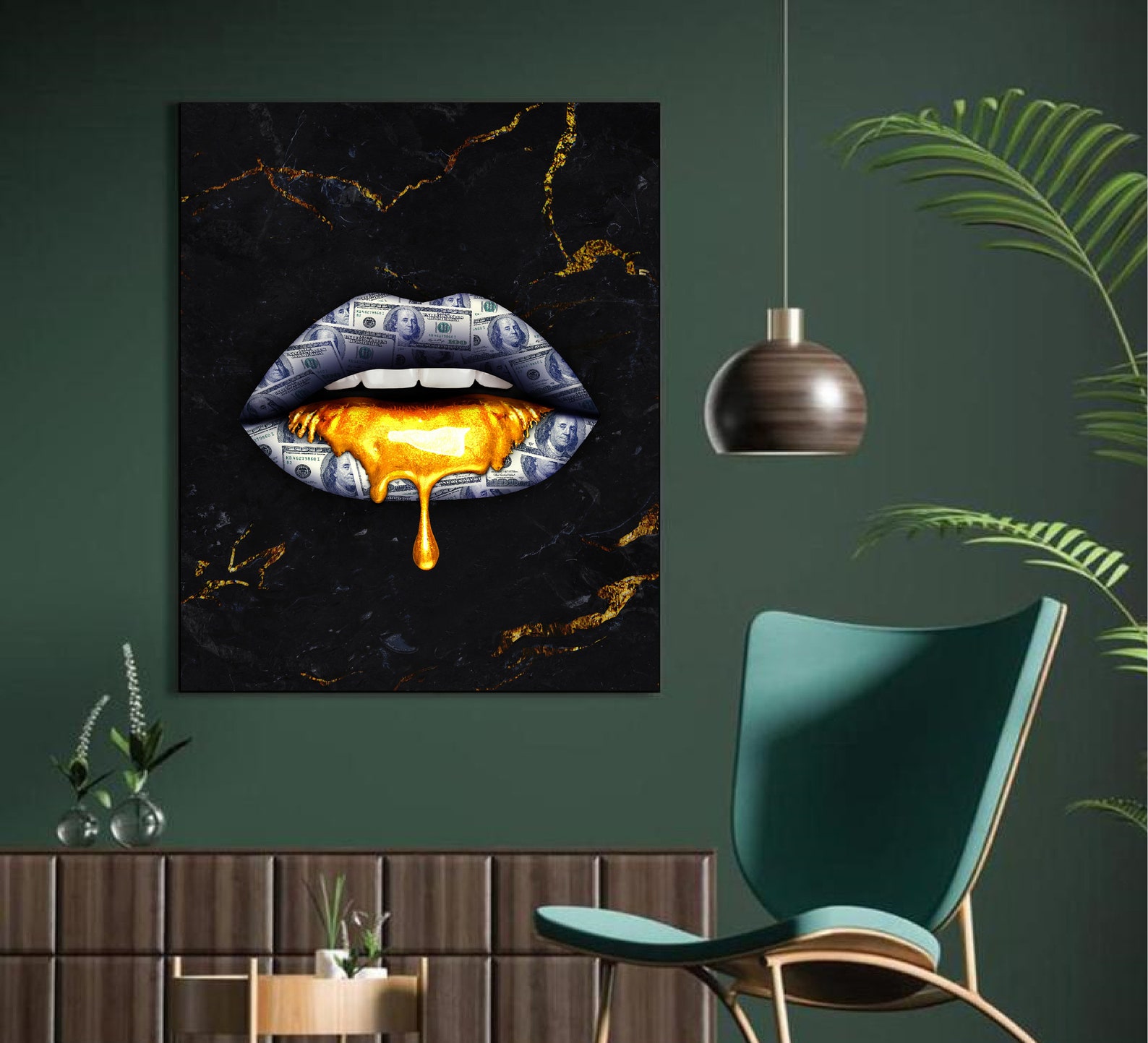 Money lips canvas Gold lips canvas Fashion wall art Black and Etsy