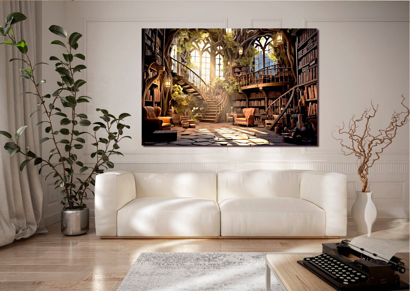 Lienzo de biblioteca de fantasía, arte de pared, decoración de pared para sala de lectura, decoración de pared para oficina, impresión artística surrealista, arte de pared moderno, regalo para amantes de los libros, listo para colgar