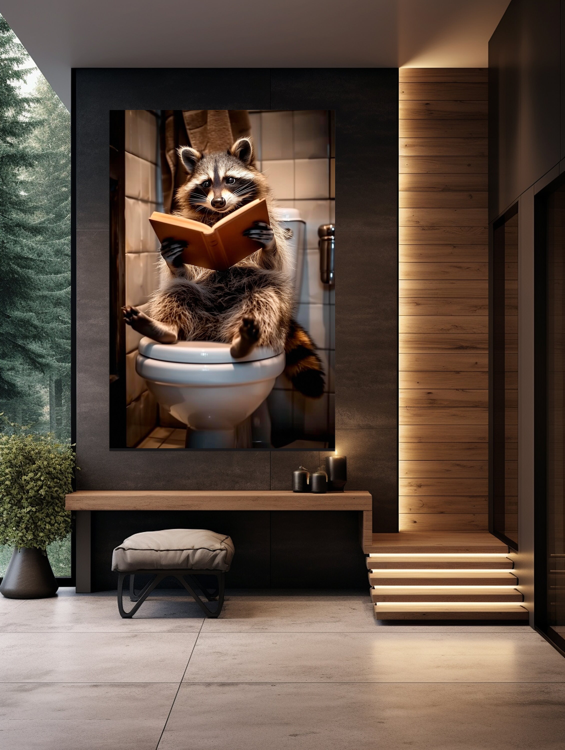 Raccoon Reading Book on Toilet Funny Canvas Wall Art Animal Sitting on ...