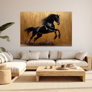 Black Stallion Canvas Wall Art Majestic Horse Painting Print Elegant Equestrian Decor Large Modern Animal Artwork for Living Room or Office