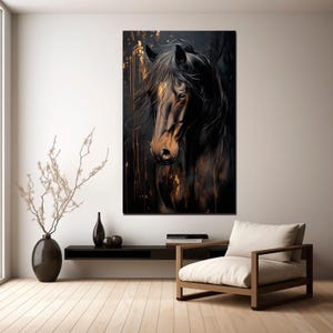 Black Horse Wall Art Elegant Dark Equine Canvas Print Modern Moody Animal Decor for Living Room or Office