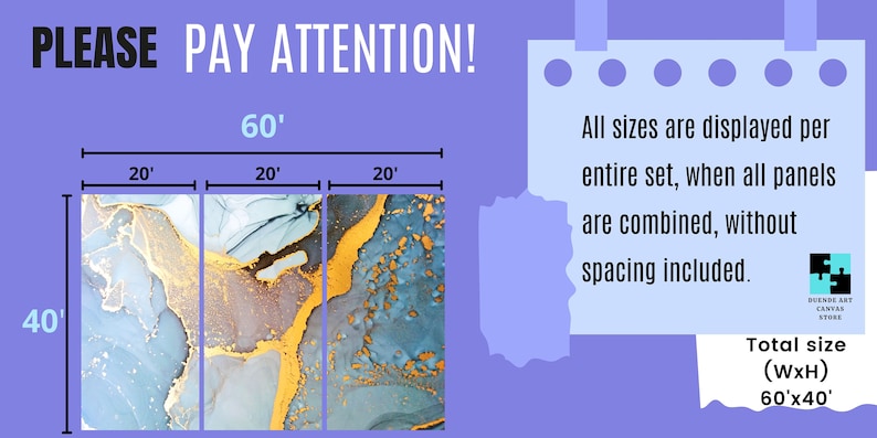 May include: A three-panel abstract art print with blue, gold, and white colors. The print is 60 inches wide and 40 inches tall. PLEASE PAY ATTENTION! All sizes are displayed per entire set, when all panels are combined, without spacing included. Total size (WxH) 60'x40'.