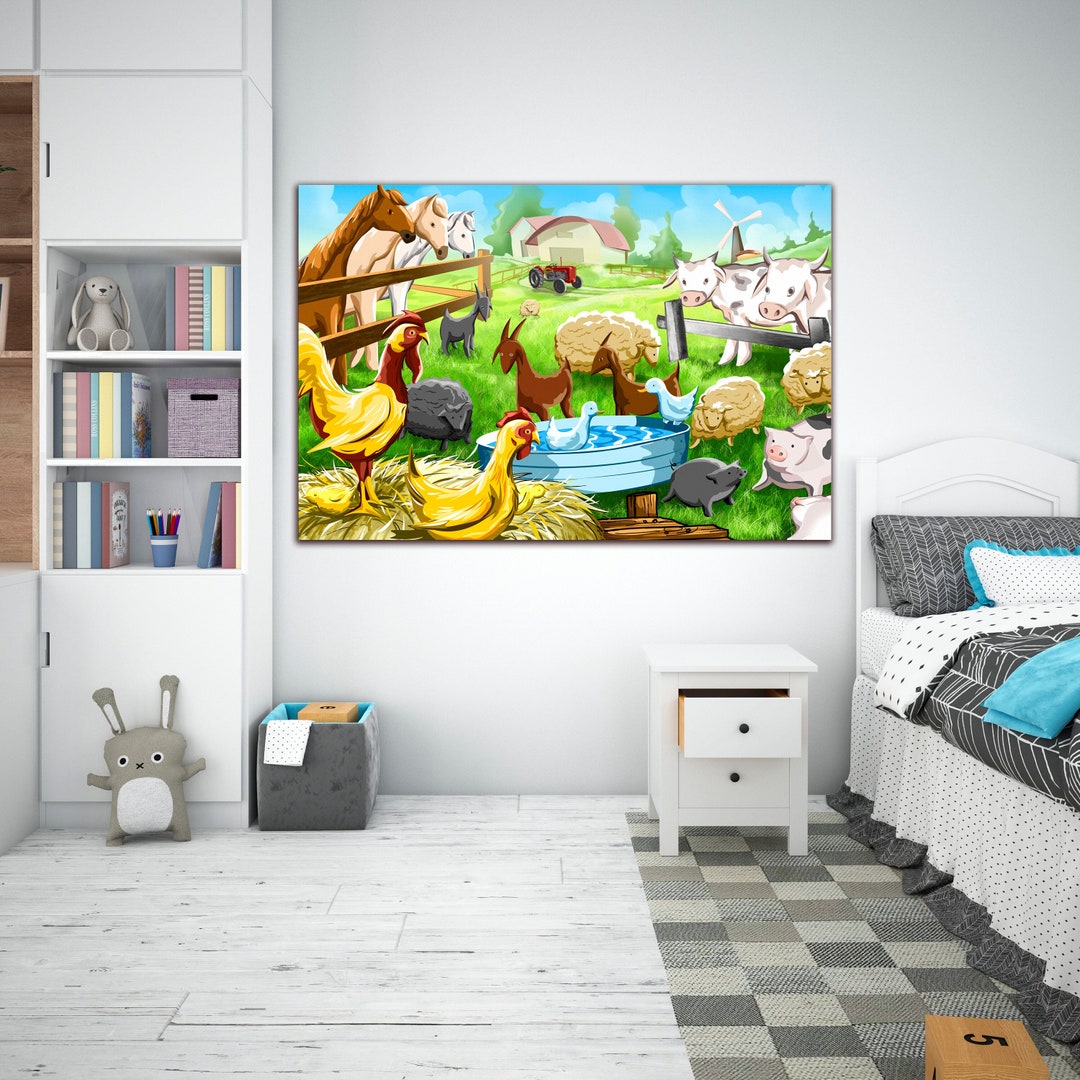 Colorful Farm Animals Wall Art Barnyard Animals Canvas Kids Etsy