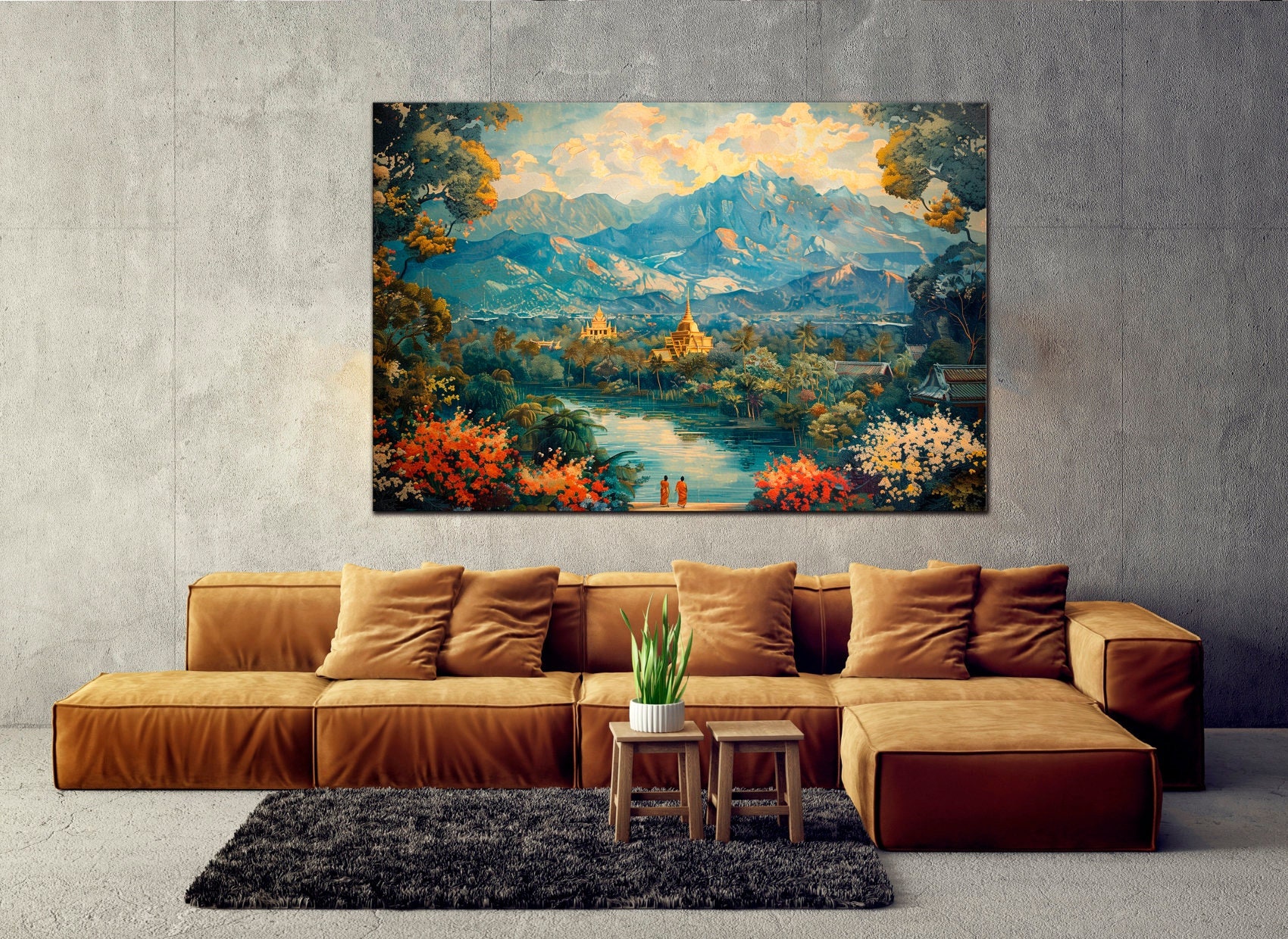 Indian landscape painting canvas print Colorful India wall art New Delhi wall decor Ganges river print Extra large Canvas Ready to hang