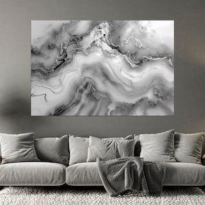 Abstract Silver Marble canvas wall art Black White wall decor Grey silver painting prints home decor Extra large wall art Ready to hang