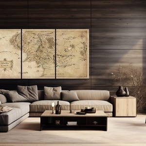 May include: A three-panel canvas print of a vintage map of Middle-earth from The Lord of the Rings. The map is in shades of brown and beige with black text. The map is titled "The World of Middle-earth".