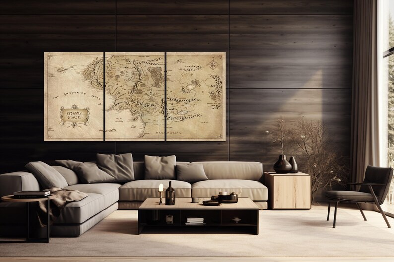 May include: A three-panel canvas print of a vintage map of Middle-earth from The Lord of the Rings. The map is in shades of brown and beige with black text. The map is titled "The World of Middle-earth".