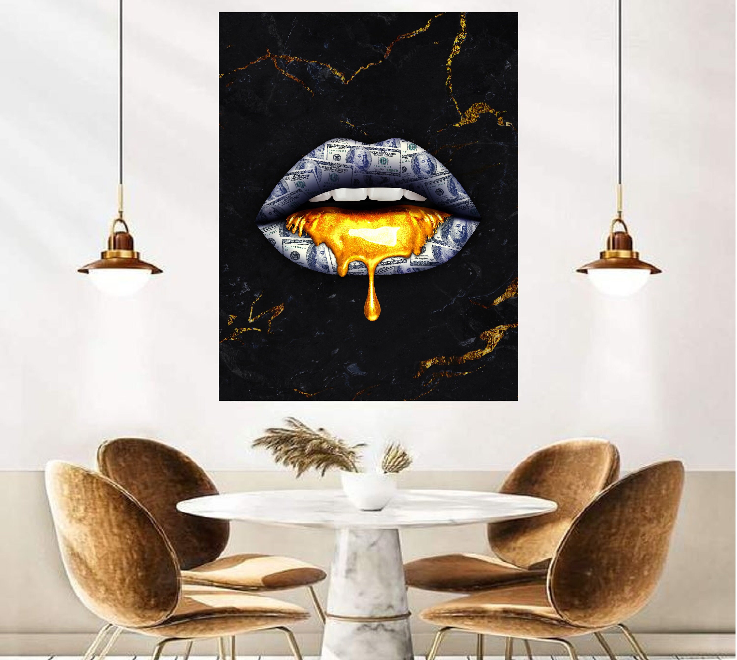 Money lips canvas Gold lips canvas Fashion wall art Black and Etsy