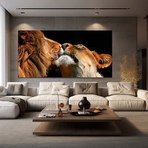 Lion lioness couple love canvas African safari lion family wall art Anniversary print gift Extra large wall art Ready to hang
