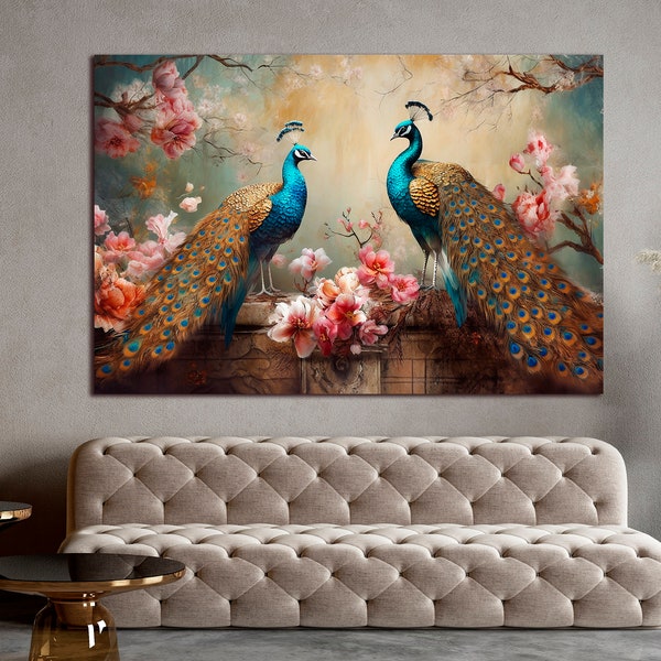 Majestic elegant peacock in flowers wall art Blue peacocks canvas Peony artwork Living room wall art Extra large and Multi panel wall art