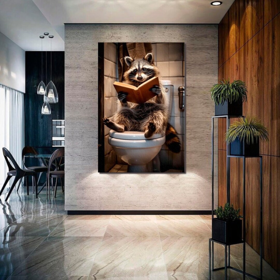 Raccoon Reading Book on Toilet Funny Canvas Wall Art Animal Sitting on ...