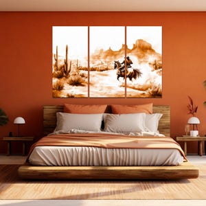Western Cowboy Riding Canvas Print Rustic Desert Wall Art Sepia Toned Wild West Decor Ready to Hang Ranch Home Art