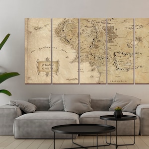 Map canvas World map wall art Antique map print Middle Earth antique map wall decor Extra large wall art Ready to hang Set of 5 Panels