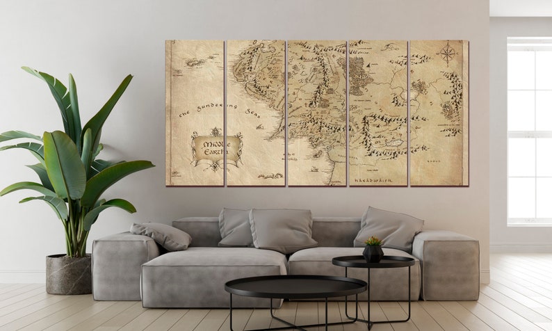 Map canvas World map wall art Antique map print Middle Earth antique map wall decor Extra large wall art Ready to hang Set of 5 Panels