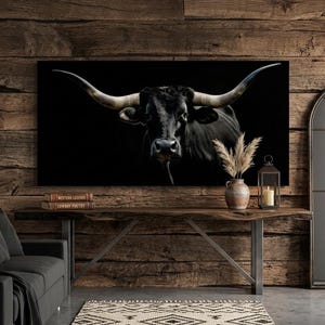 Cuadro de pared en lienzo con fondo negro de un toro Longhorn de Texas, impresión de fauna del oeste