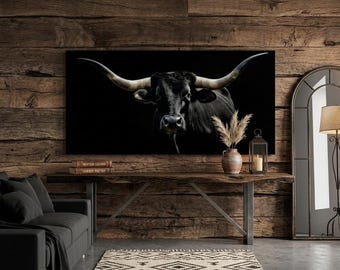 Texas Longhorn Bull Black Background Canvas Wall Art, Western Wildlife Print