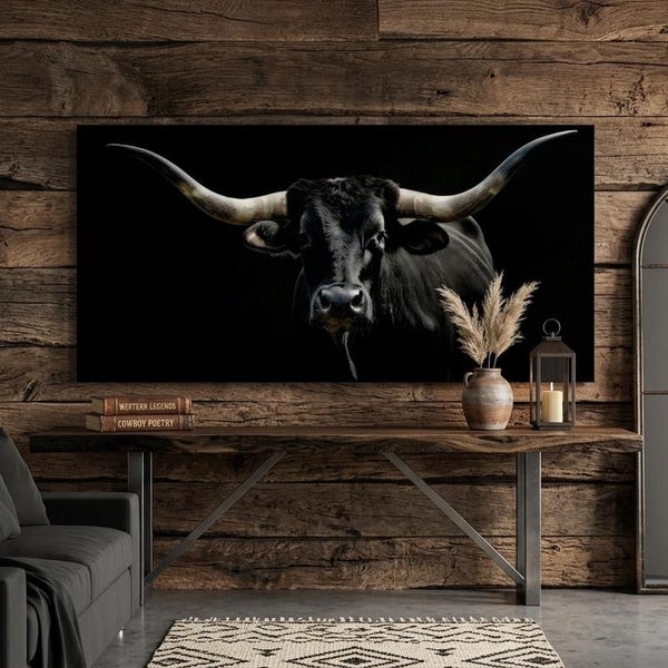 Cuadro de pared en lienzo con fondo negro de un toro Longhorn de Texas, impresión de fauna del oeste