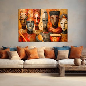 African Tribal Faces Canvas Wall Art – Colorful Ethnic Print, Afrocentric Boho Decor, Cultural Mask Painting, Extra Large Living Room Art