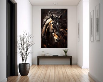 Black Stallion Canvas Print, Abstract Horse Painting, Equestrian Wall Art