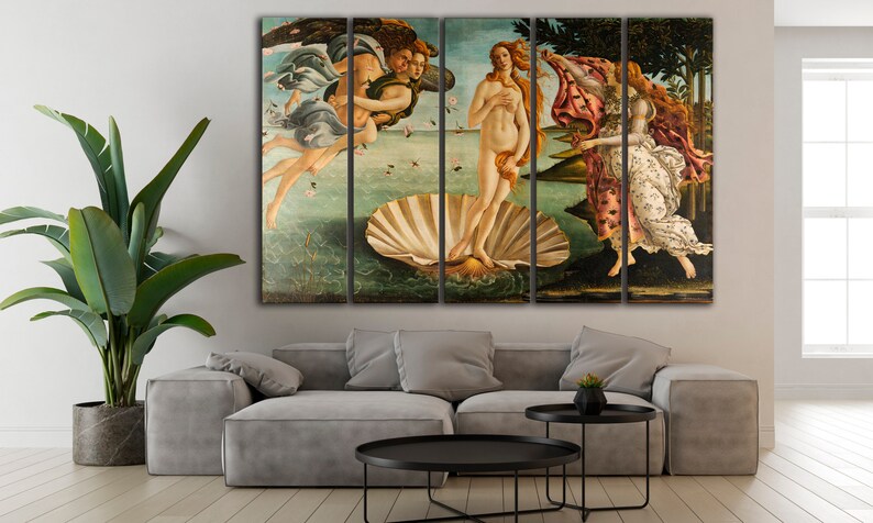 The Birth of Venus Reproduction Canvas Print Sandro Botticelli Classic Painting Fine art Multi panel canvas wall art Livingroom home decor Set of 5 Panels
