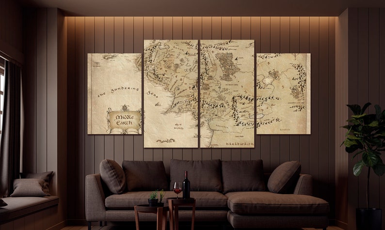 Map canvas World map wall art Antique map print Middle Earth antique map wall decor Extra large wall art Ready to hang 4 Special Panels