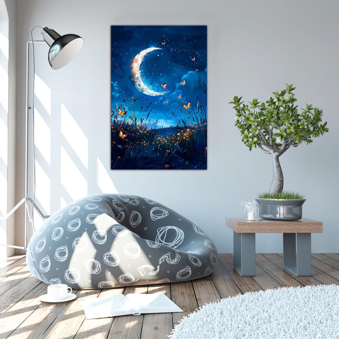 Moon Canvas Wall Art, Night Sky Painting, Dark Blue Fantasy Landscape ...