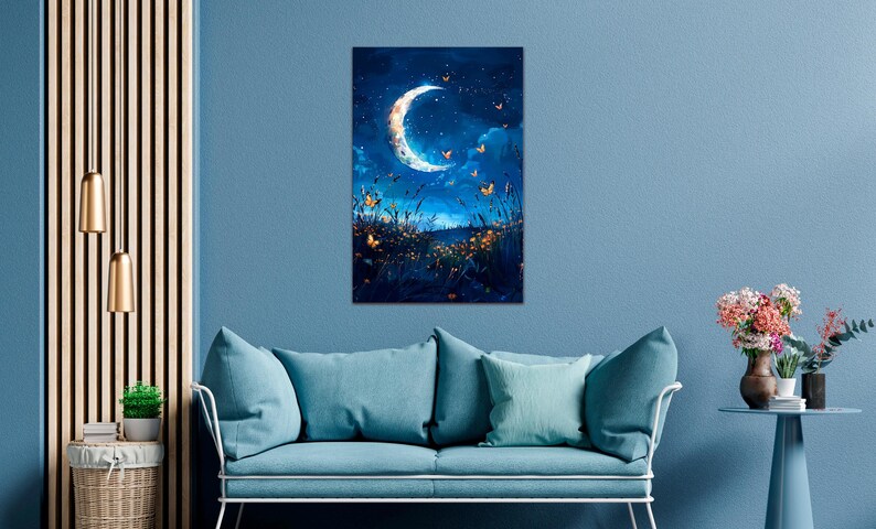 Moon Canvas Wall Art, Night Sky Painting, Dark Blue Fantasy Landscape ...
