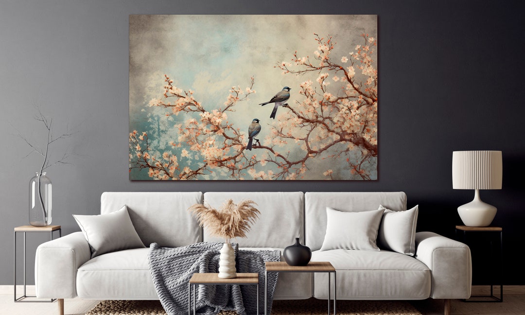 Japanese Birds on Blossom Tree Branch Canvas Wall Art Soft Pink Sakura ...