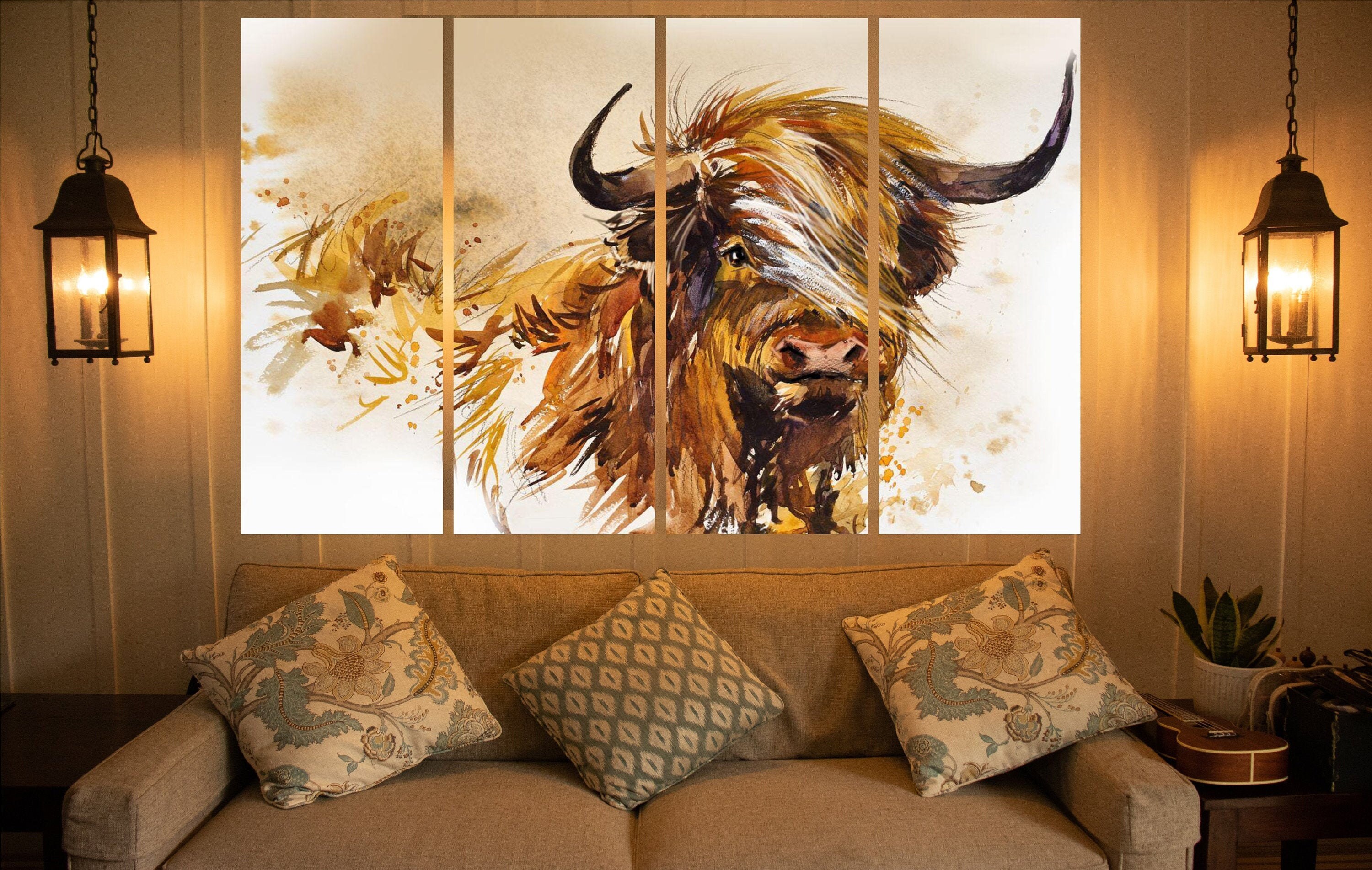 Bull cattle canvas wall art print decor brown bull animal Etsy