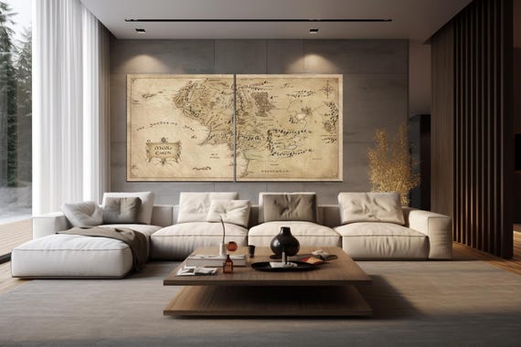 Fantasy Middle Earth Map Canvas Abstract Vintage Map Wall Art Hobbit Literature Wall Decor Extra Large Housewarming Gifts