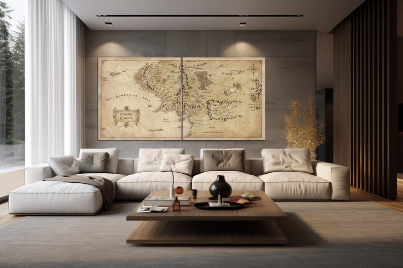 May include: A vintage-style map of Middle-earth, the fictional world from J.R.R. Tolkien's The Lord of the Rings, hangs on a wall in a modern living room. The map is printed on parchment-like paper and features detailed illustrations of the landmasses, rivers, and mountains of Middle-earth.