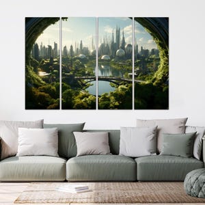 May include: A four-panel wall art set depicting a futuristic city with tall spires and domed structures, viewed through a circular, moss-covered portal. The scene includes a central river, a bridge, and lush green trees under a bright sky.