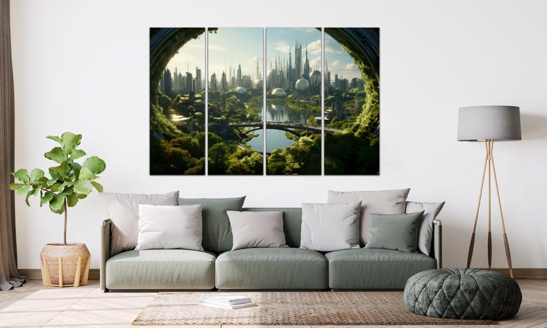 May include: A four-panel wall art set depicting a futuristic city with tall spires and domed structures, viewed through a circular, moss-covered portal. The scene includes a central river, a bridge, and lush green trees under a bright sky.