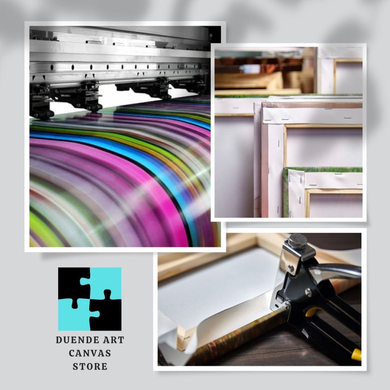 May include: A close-up of a canvas print being stapled to a wooden frame. The canvas is printed with colorful abstract lines. The image also shows a large format printer and a stack of finished canvas prints.