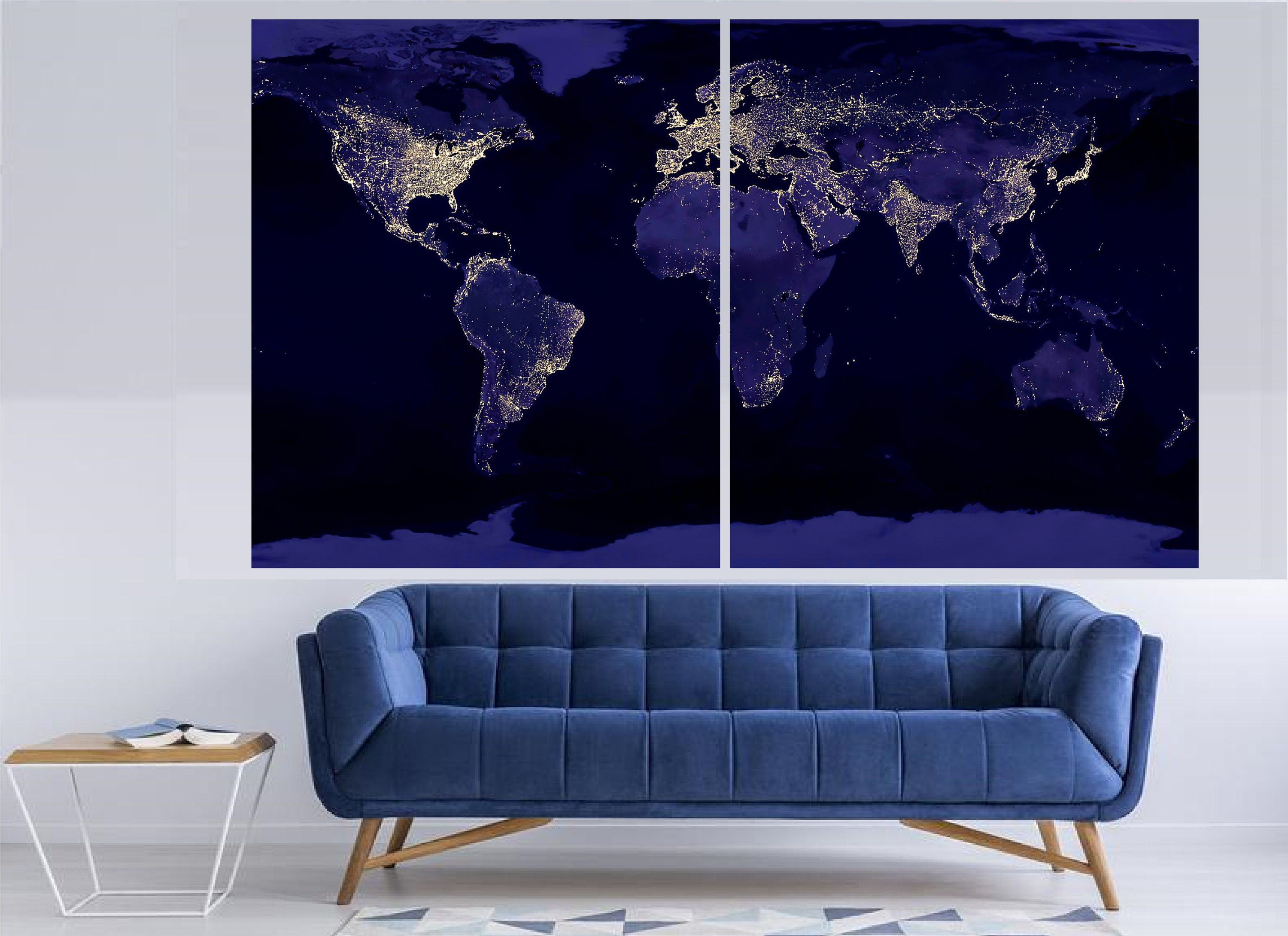 Illuminated world map wall art canvas Dark blue world map wall Etsy